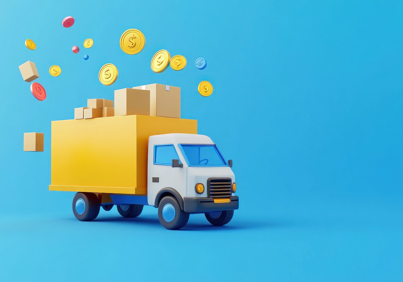 A delivery truck surrounded by packages and coins, symbolizing commerce and logistics